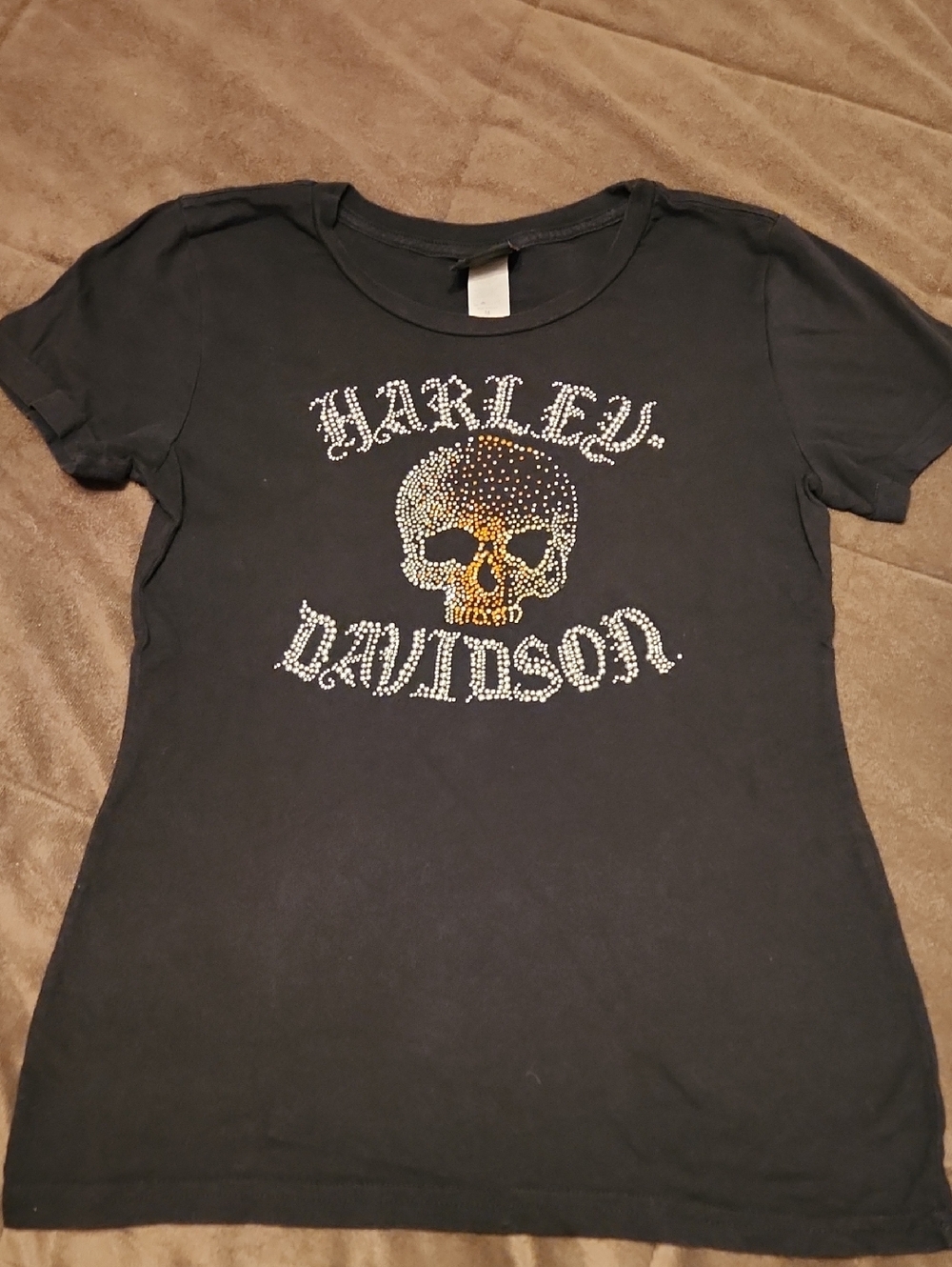 Harley-Davidson Black Tee with Gold & Silver Rhinestone Skull